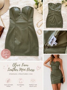 Olive Faux Leather Strapless Mini Dress